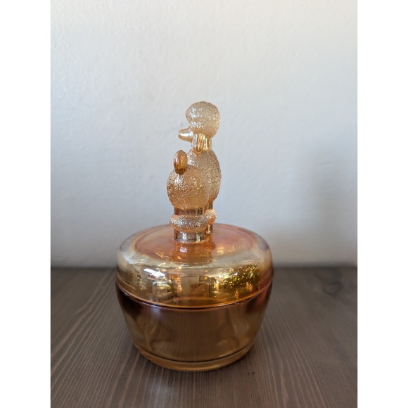 Vintage Jeannette Glass Marigold Iridescent Glass Poodle Trinket Box Candy Dish - Picture 9 of 9